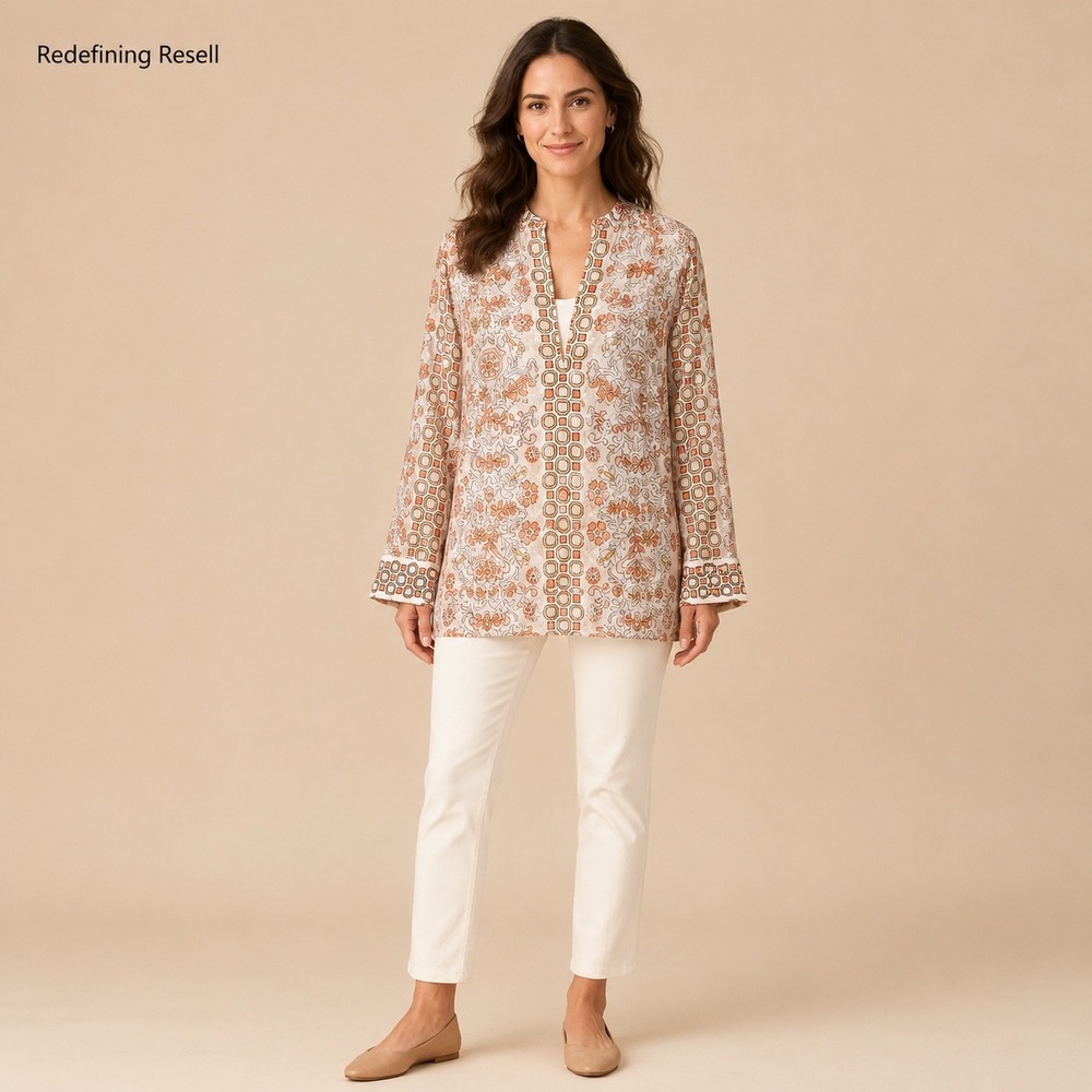 Tory Burch Silk Metallic Floral Geometric Tunic Top Orange Gold 47188 Womens XS